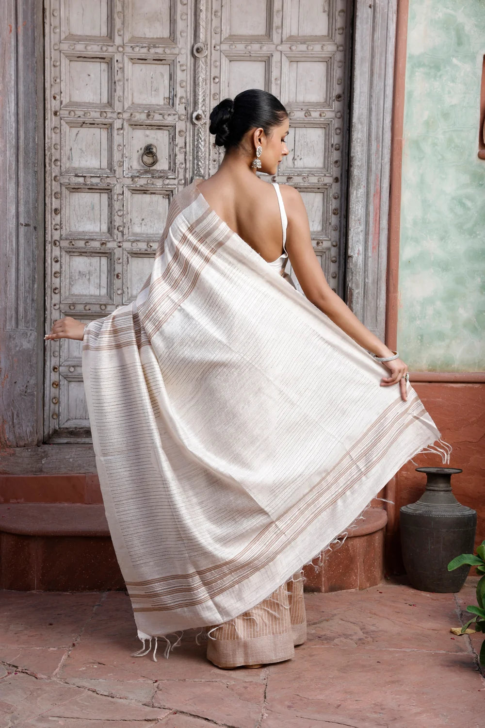 Handloom Beige Pure Silk Saree with White Stripes-Sutra Art of Clothing