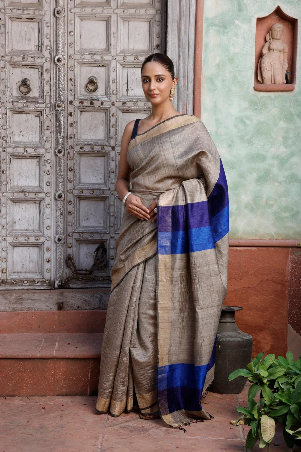 Handloom Beige Tussar Silk Saree With Zari Border & Navy Blue Pallu