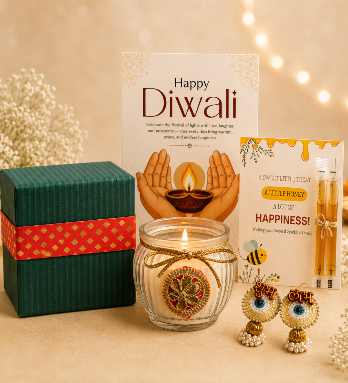 Sutli Bomb Box Diwali Gift Hamper with Matka Candle, Mata Laxmi Charan & Shubh Labh - https://artecasa.in/