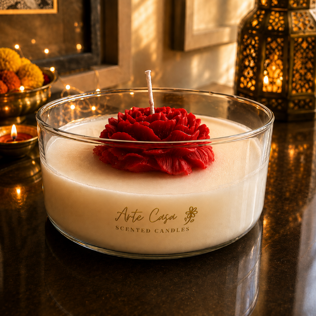 Crimson Rose Round Sculptural Candle | Red Carnation Scented Soy Wax Candle - https://artecasa.in/