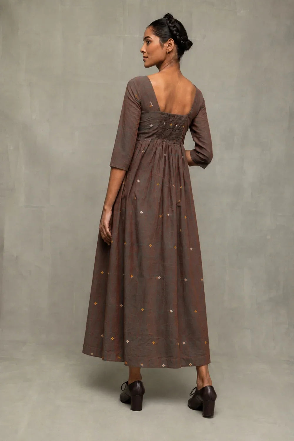 Brown Duo Tone Jamdani Hand-Woven Midi Dress-Sutra Art of Clothing
