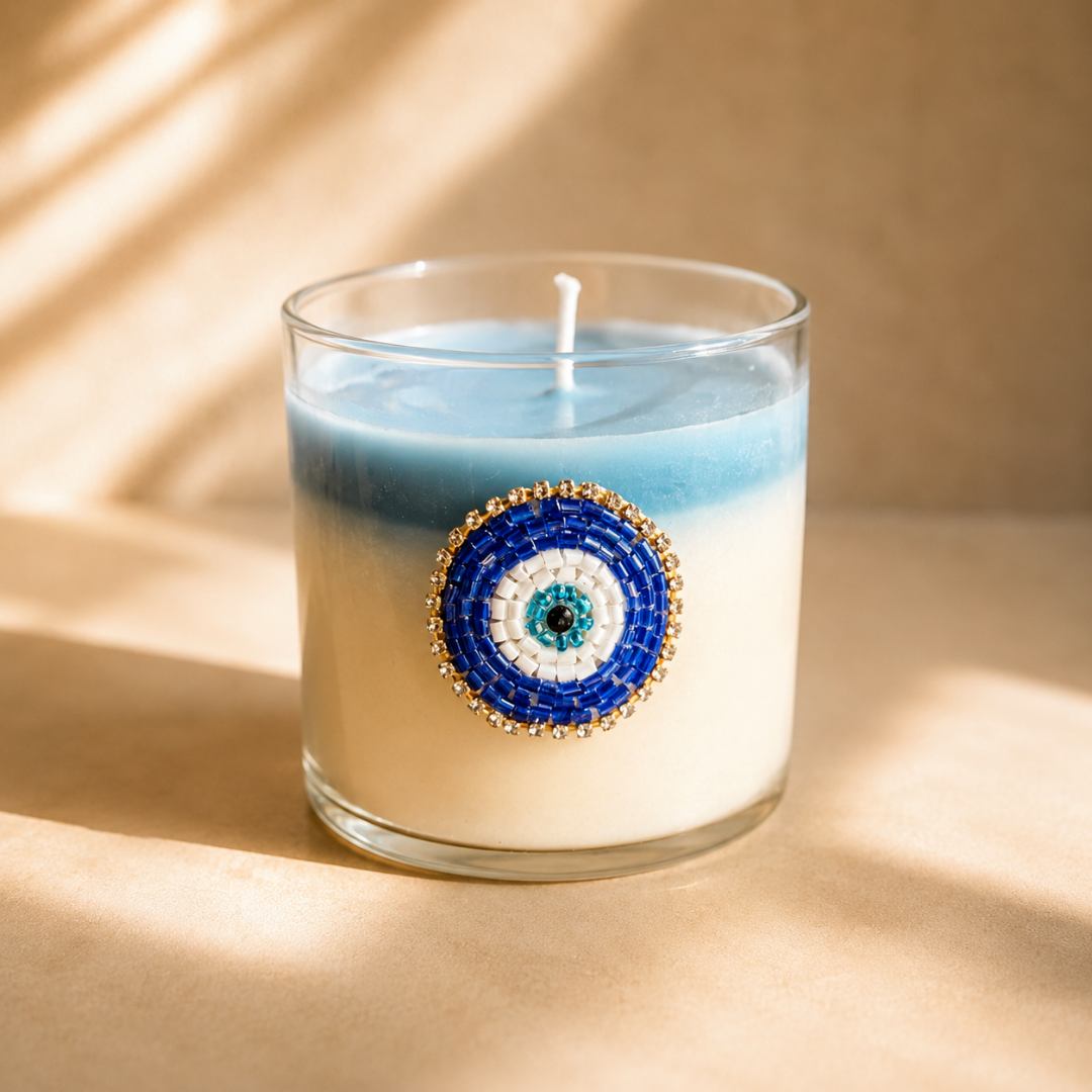 Azure Nazar Glow Candle Gift Box | Evil Eye Diwali Gift Hamper with Saffron - https://artecasa.in/