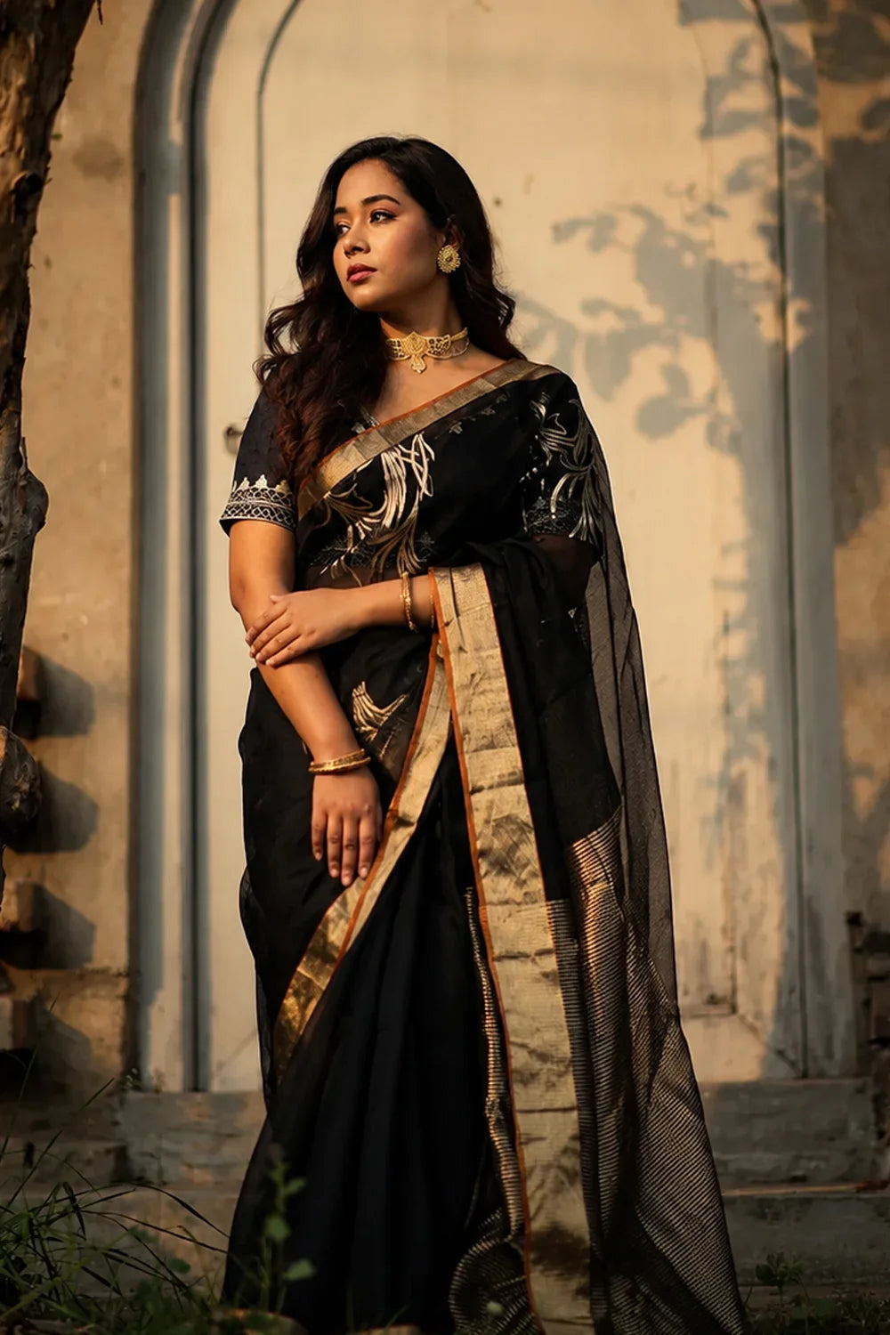 Handloom Black Chanderi Pure Silk Saree With Gold Zari Motifs