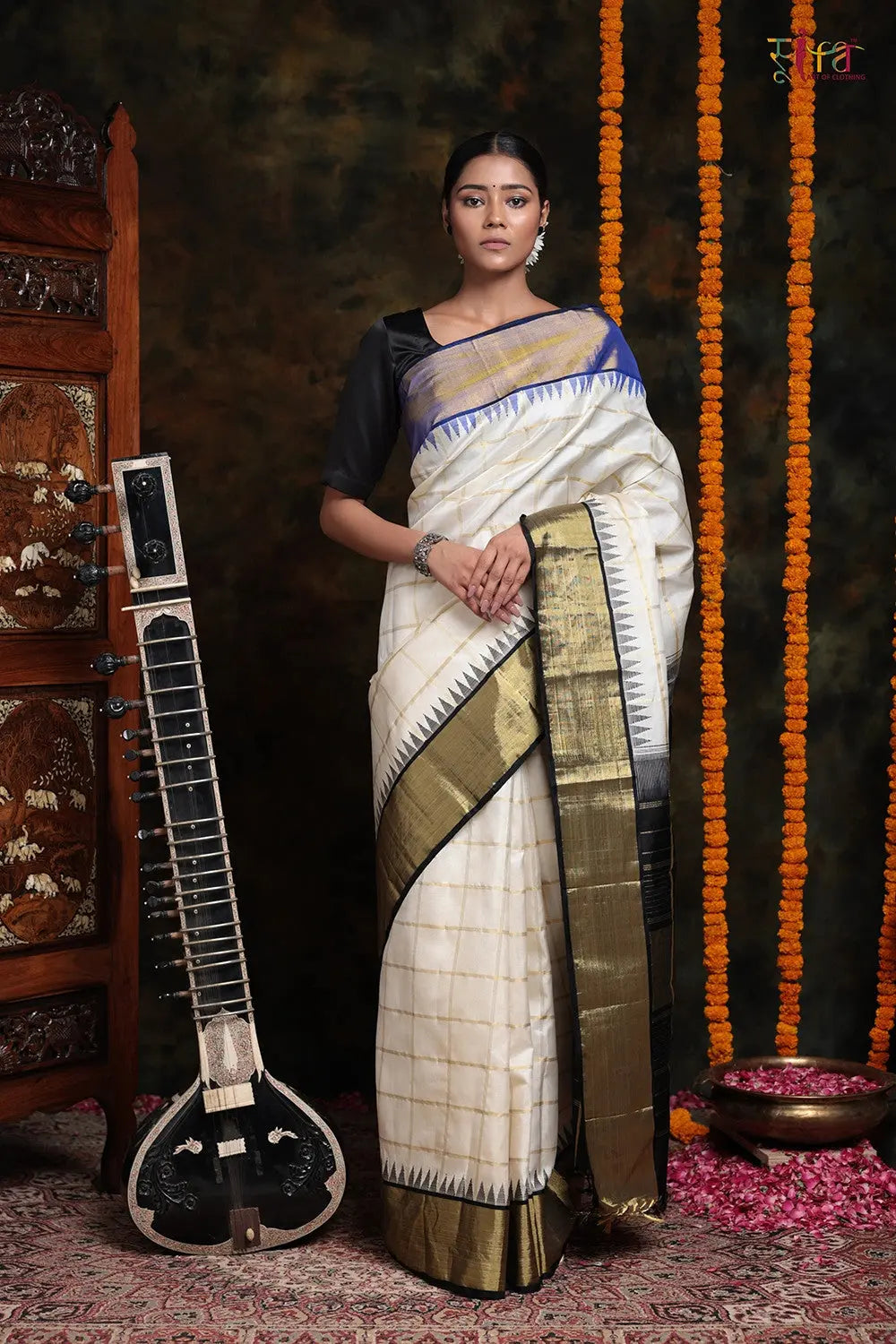 Handloom Cream Kanchipattu Saree With Zari Checks-Sutra Art of Clothing