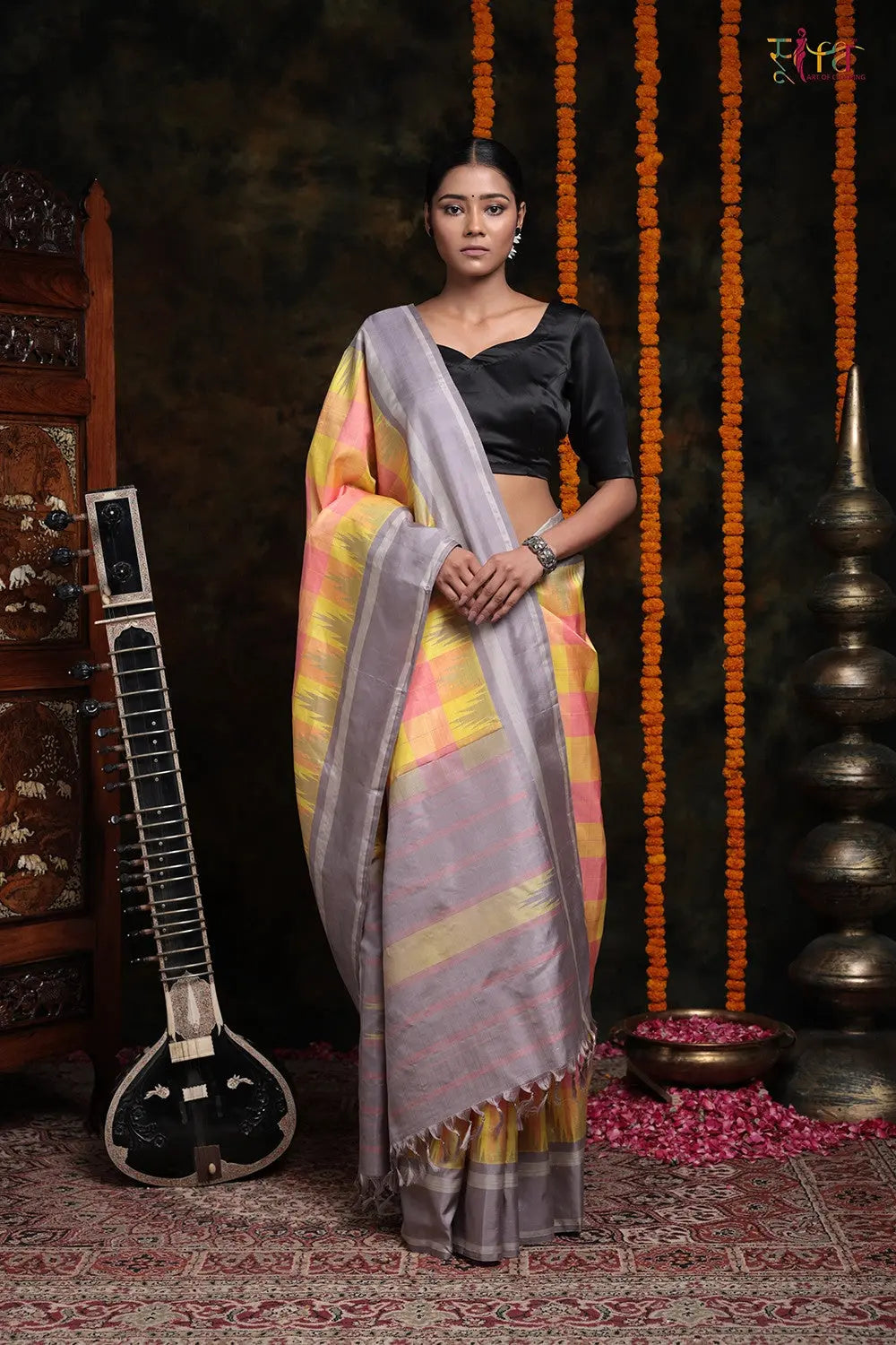 Handloom Peach & Lemon Check Pure Silk Kanchi Saree-Sutra Art of Clothing