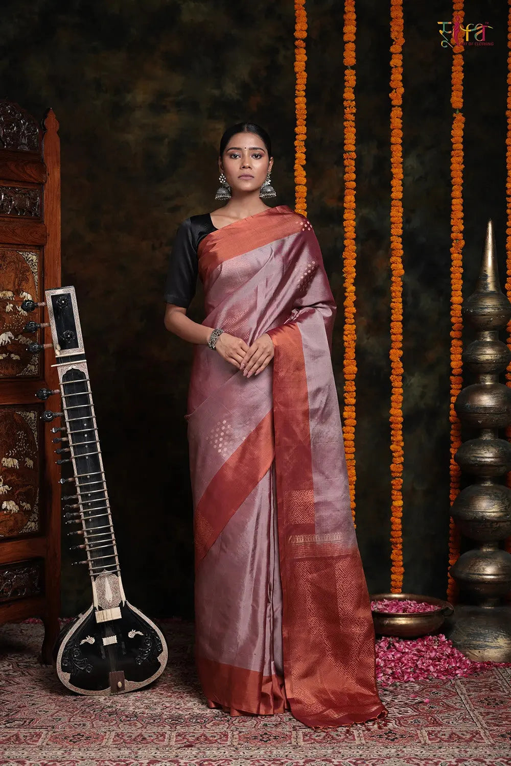 Sienna Brown With Zari Motifs Pure Silk Saree-Sutra Art of Clothing