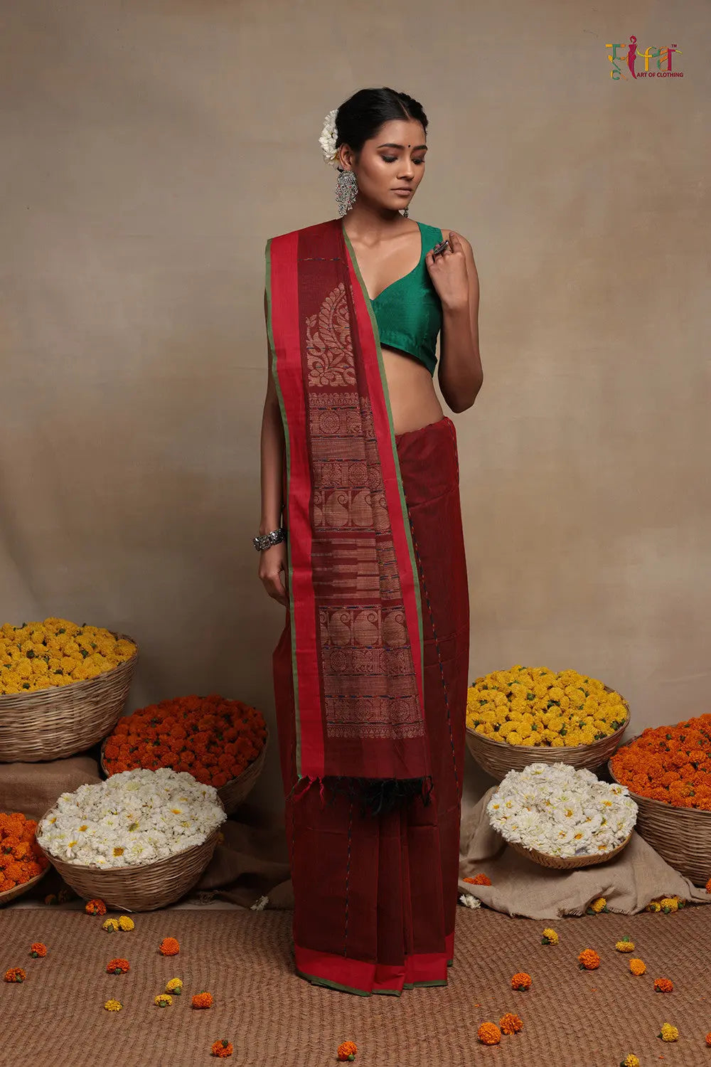 Traditional Maroon Handloom Cotton Kanchi Saree-Sutra Art of Clothing