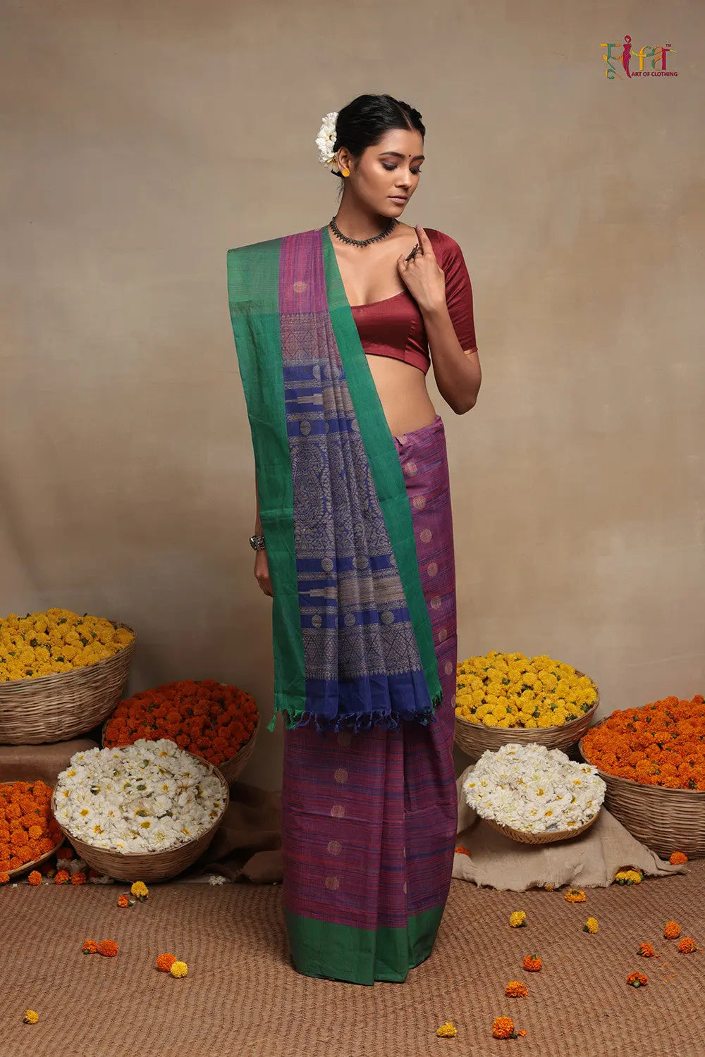 Blue And Pink Pure Cotton Handloom Kanchi Saree-Sutra Art of Clothing