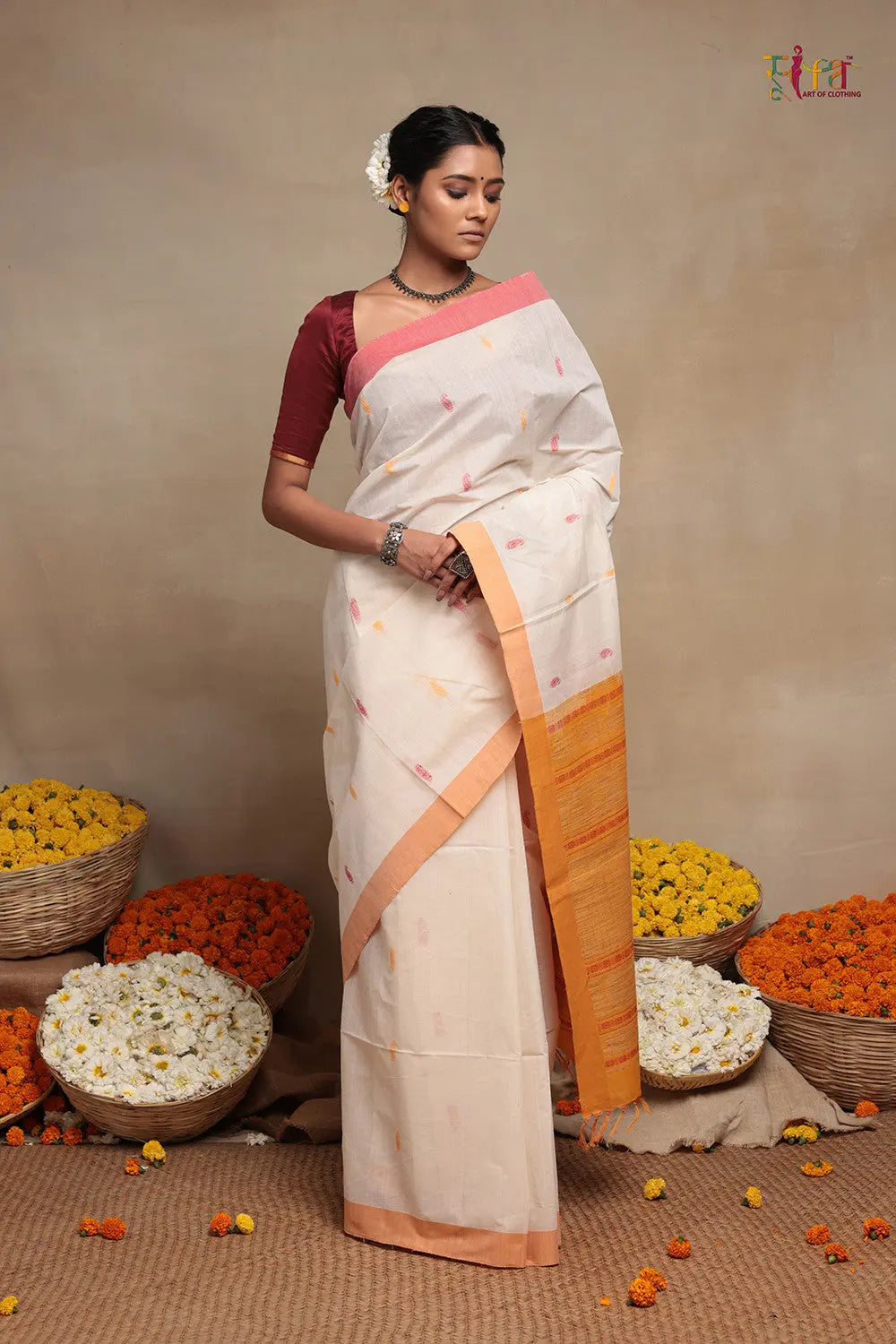 White Handloom Cotton Kanchi Saree-Sutra Art of Clothing