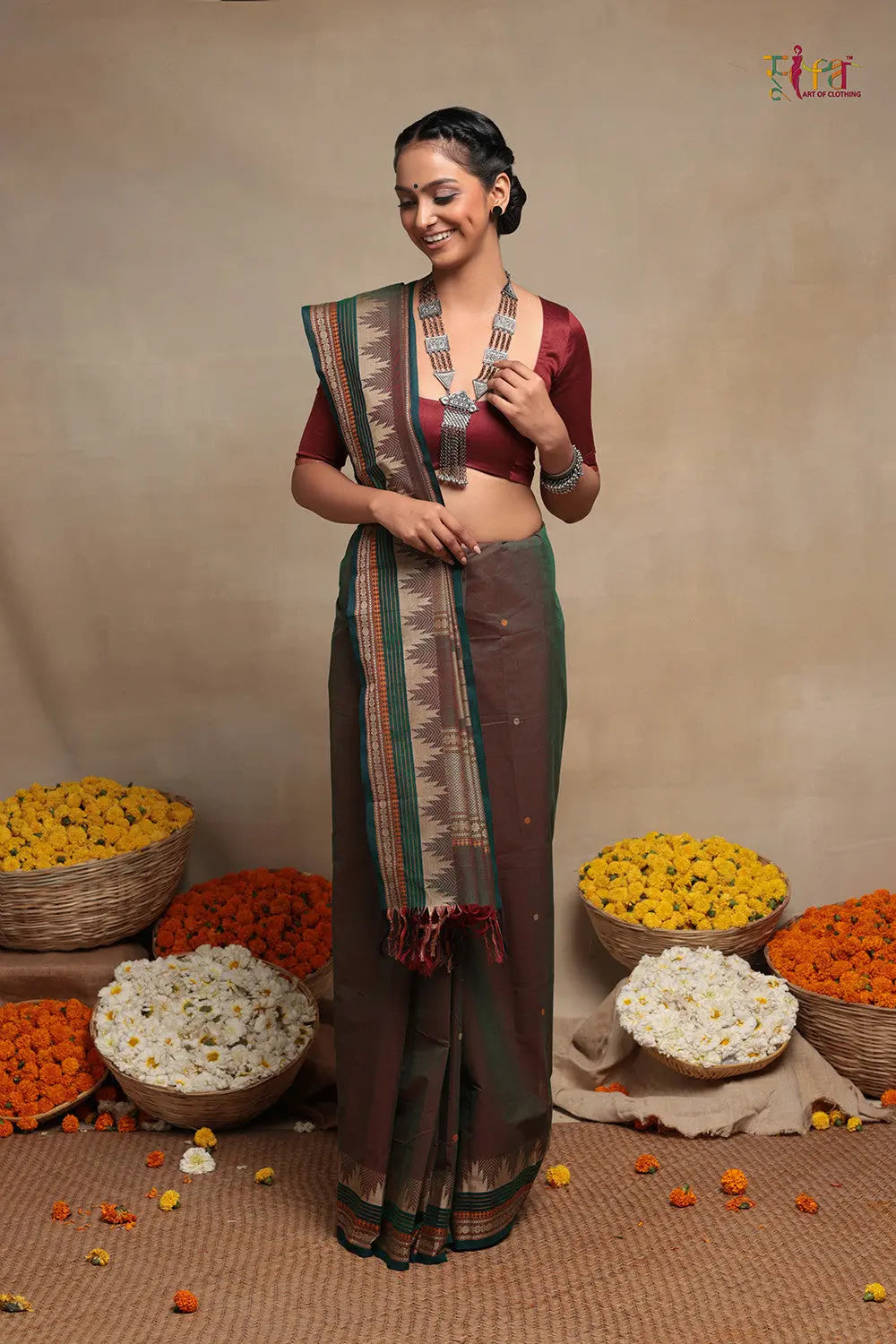 Green Handloom Pure Cotton Kanchi Saree-Sutra Art of Clothing