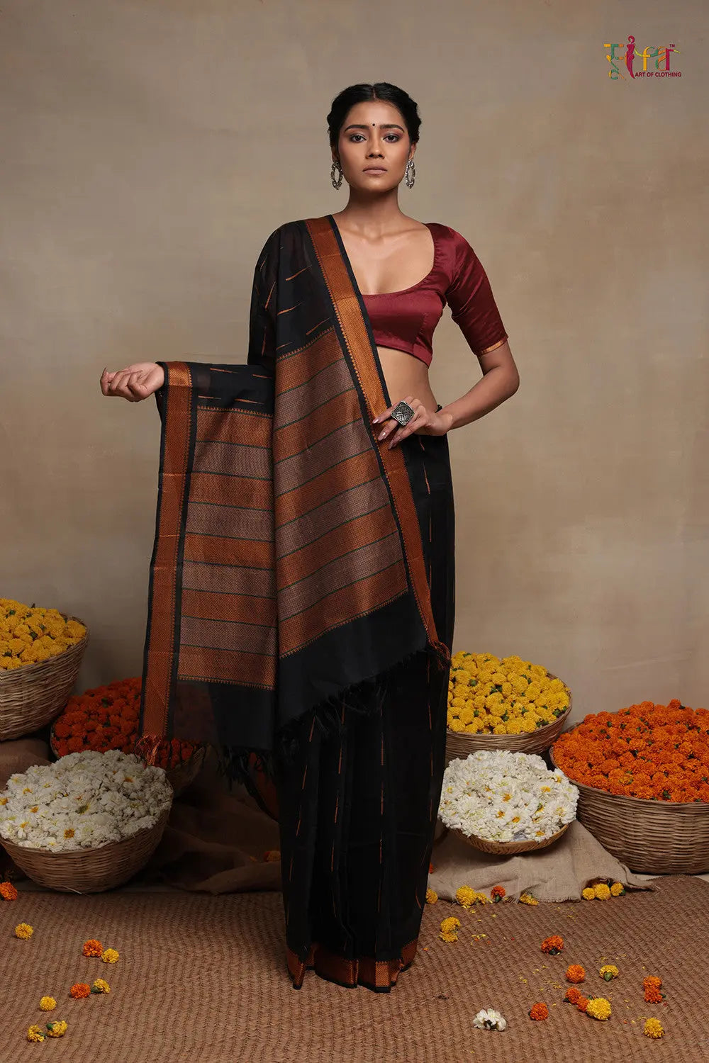 Handloom Black Pure Cotton Kanchi Contemporary Saree-Sutra Art of Clothing