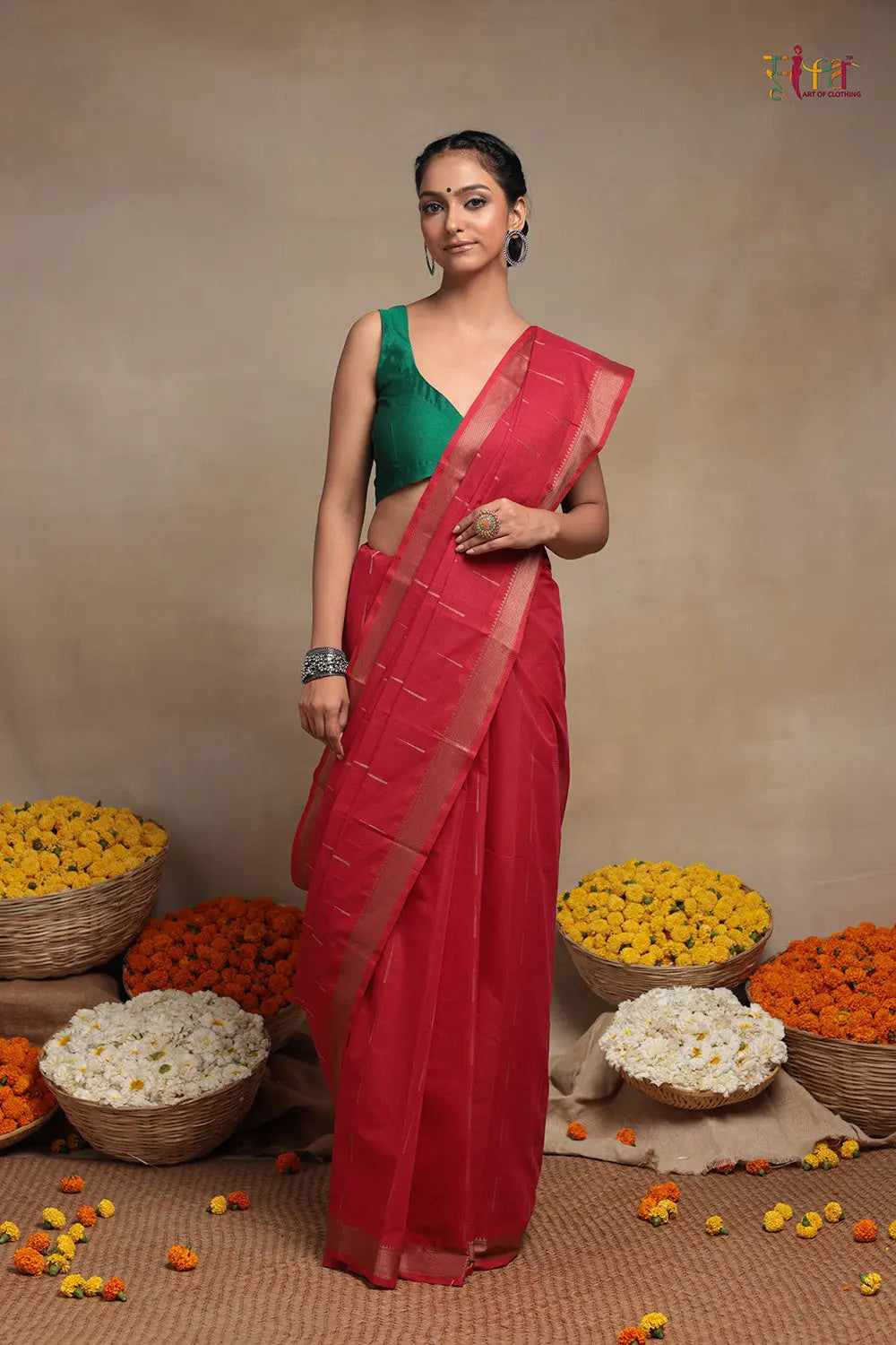 Handloom Raspberry Red Pure Cotton Kanchi Saree-Sutra Art of Clothing