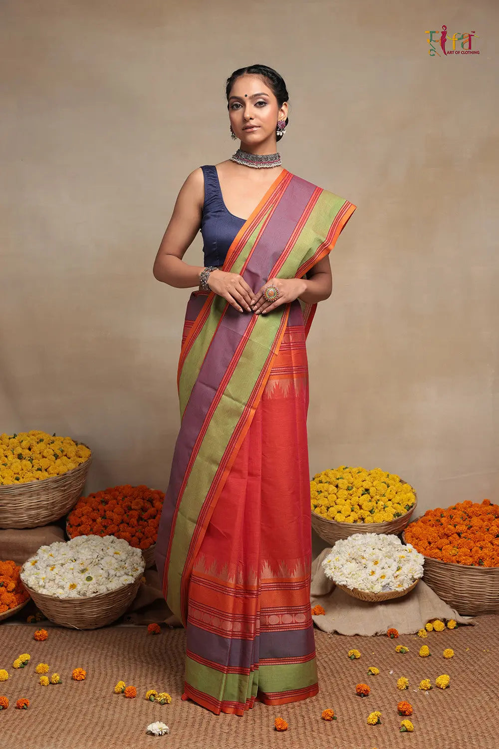 Handloom Royal Orange Pure Cotton Kanchi Saree-Sutra Art of Clothing