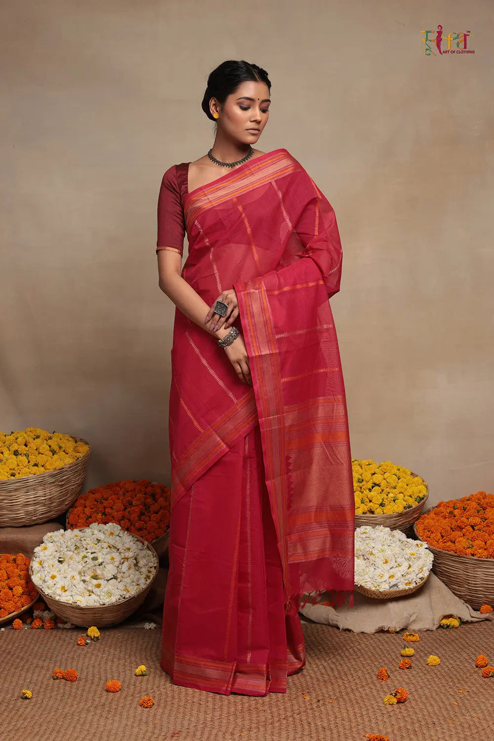 Magenta Handloom Kanchi Saree With Stripes-Sutra Art of Clothing