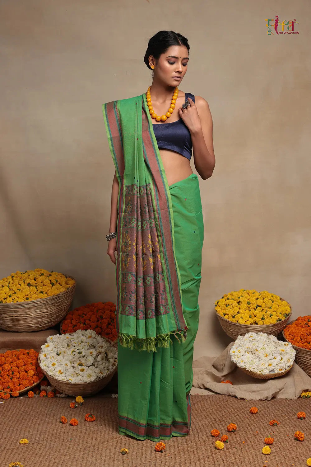 Emerald Green Pure Cotton Kanchi Saree-Sutra Art of Clothing