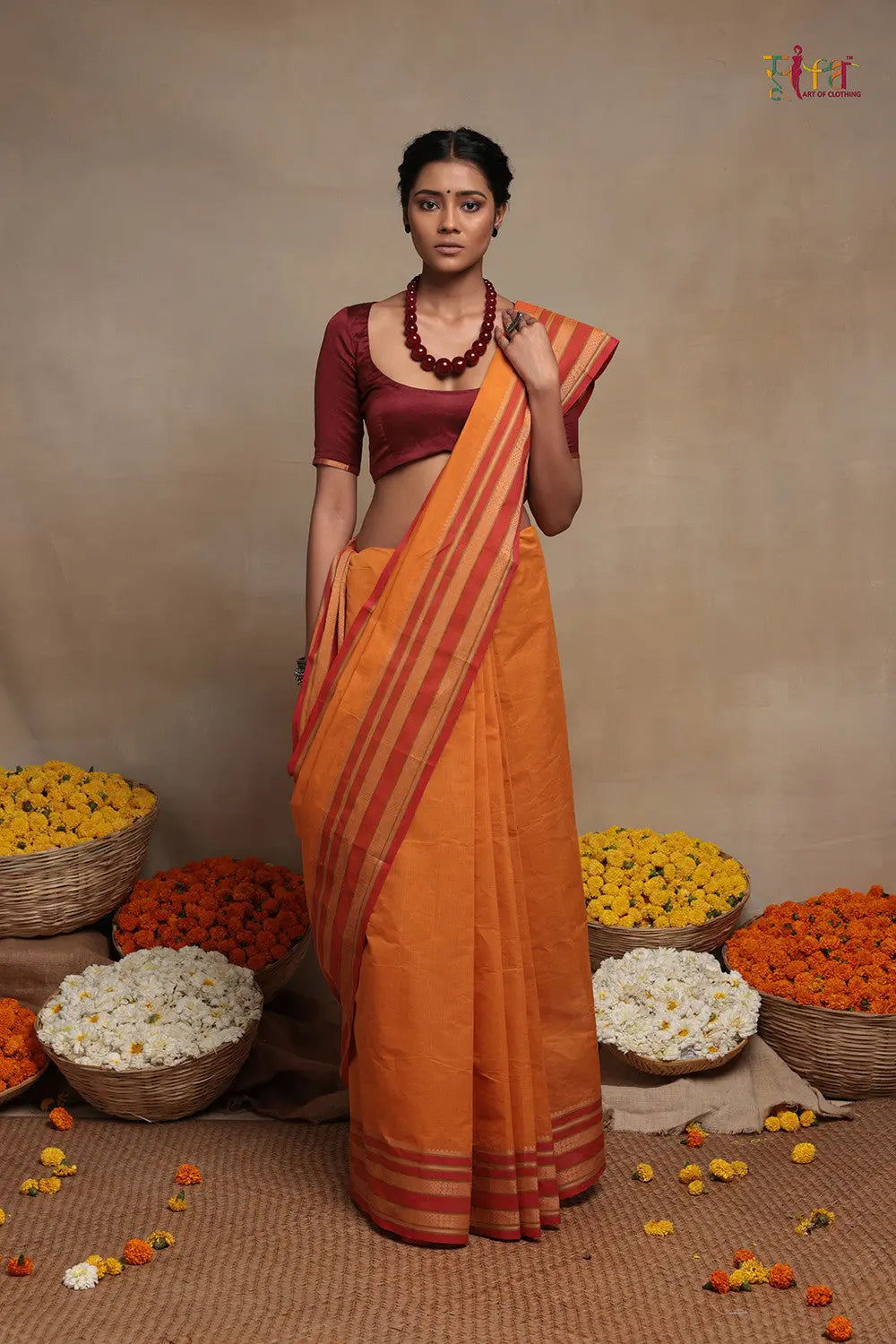 Handloom Atomic Orange Pure Cotton Kanchi Saree-Sutra Art of Clothing