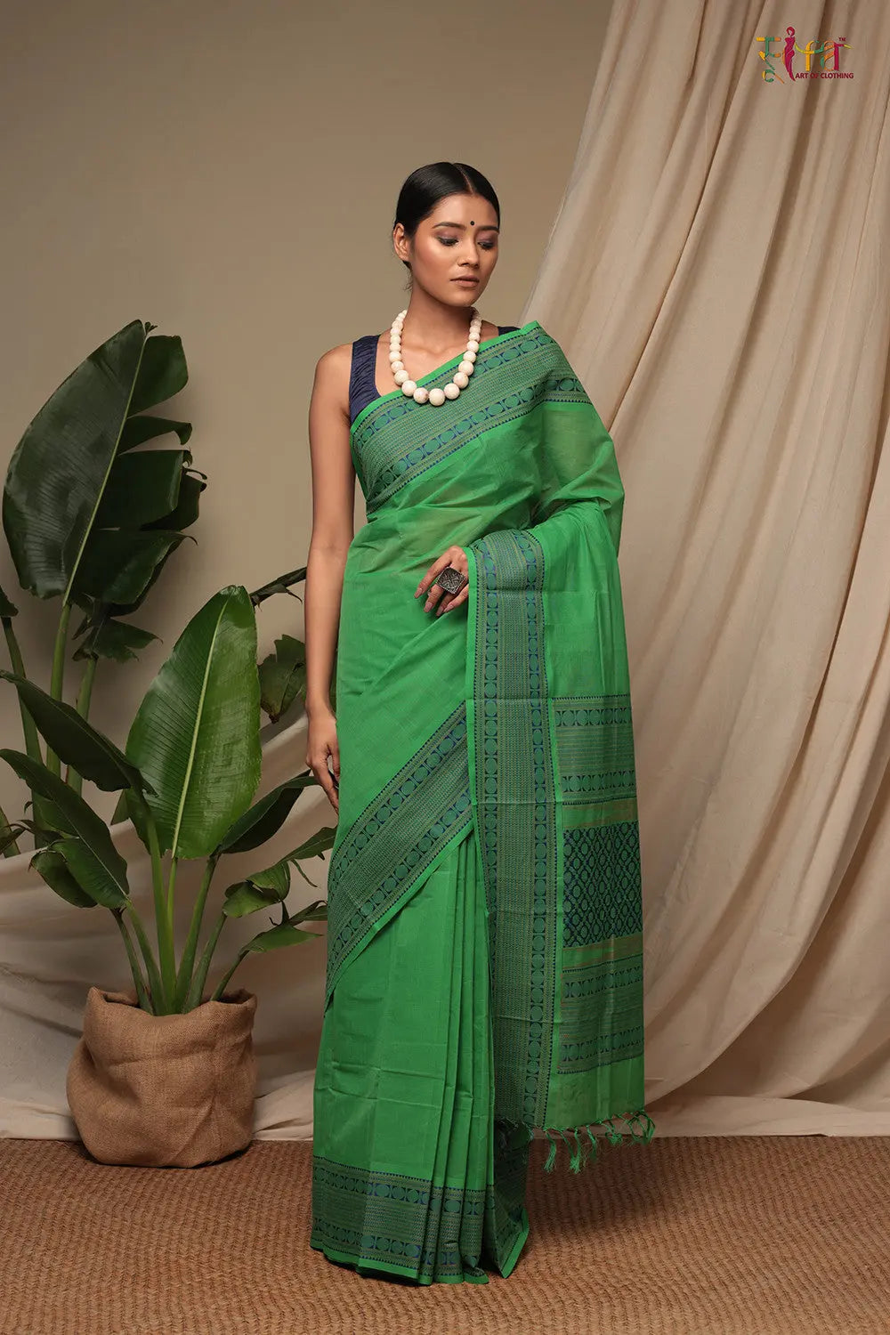 Green Pure Cotton Handloom Kanchi Saree-Sutra Art of Clothing