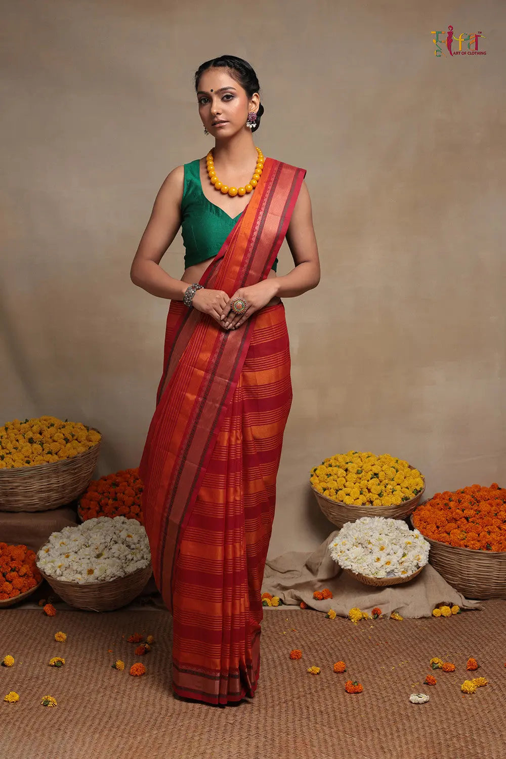 Handloom Orange & Red Pure Cotton Kanchi Saree-Sutra Art of Clothing