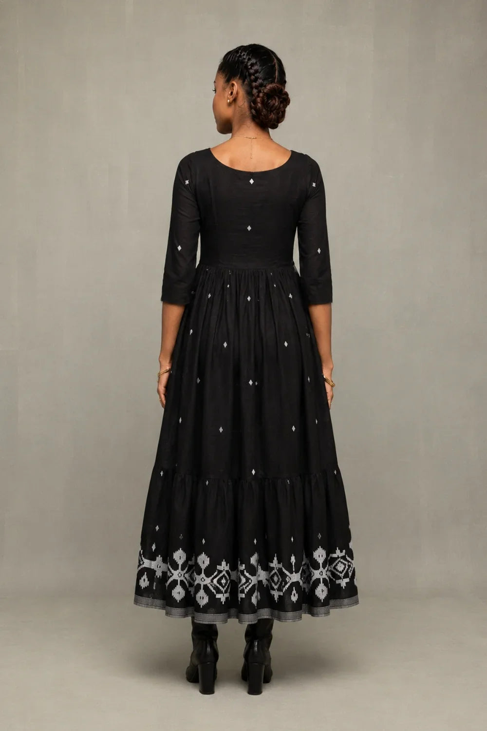Midnight Black Handwoven Jamdani Tiered Midi Dress-Sutra Art of Clothing