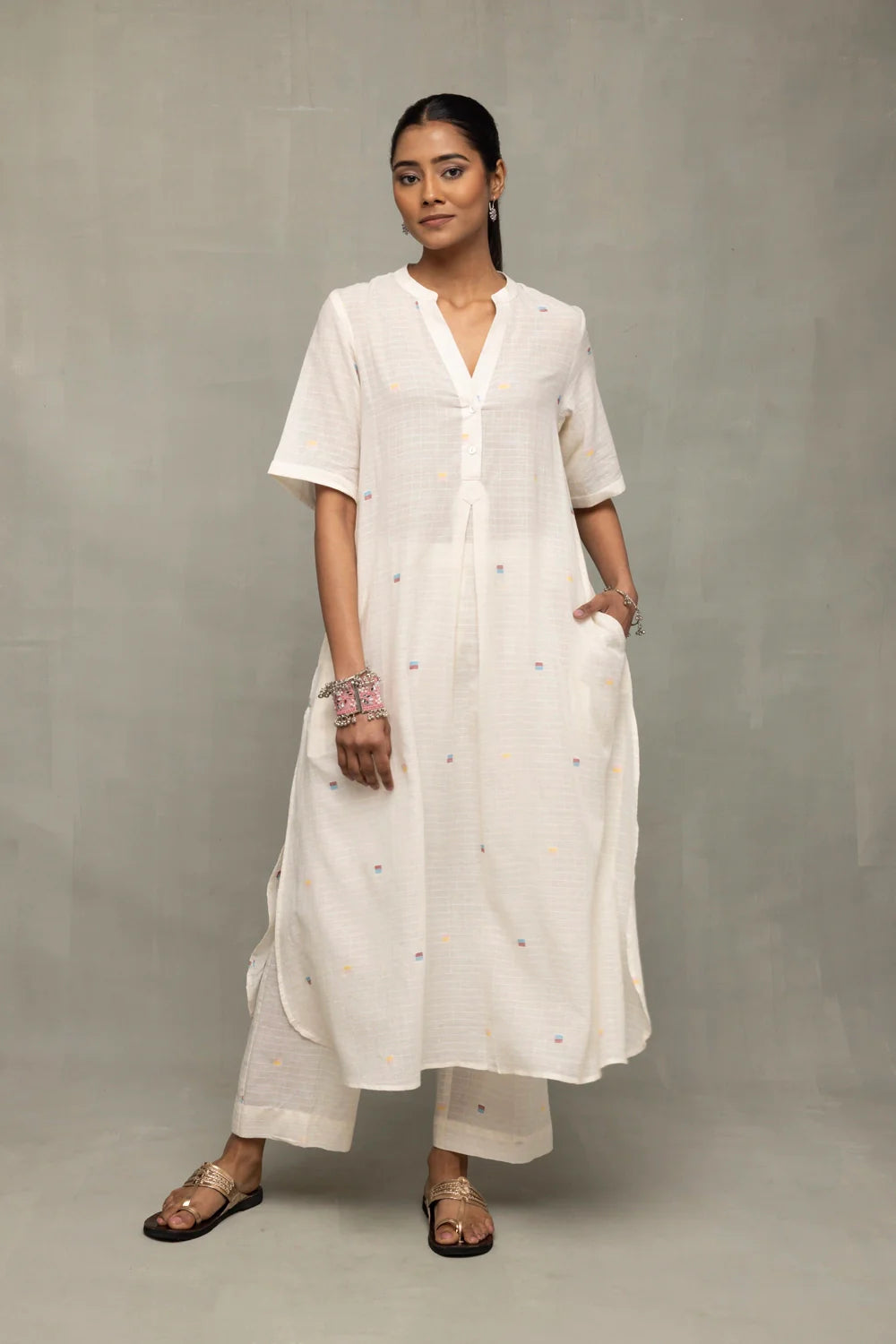 Ivory Handwoven Jamdani Straight Pant-Sutra Art of Clothing