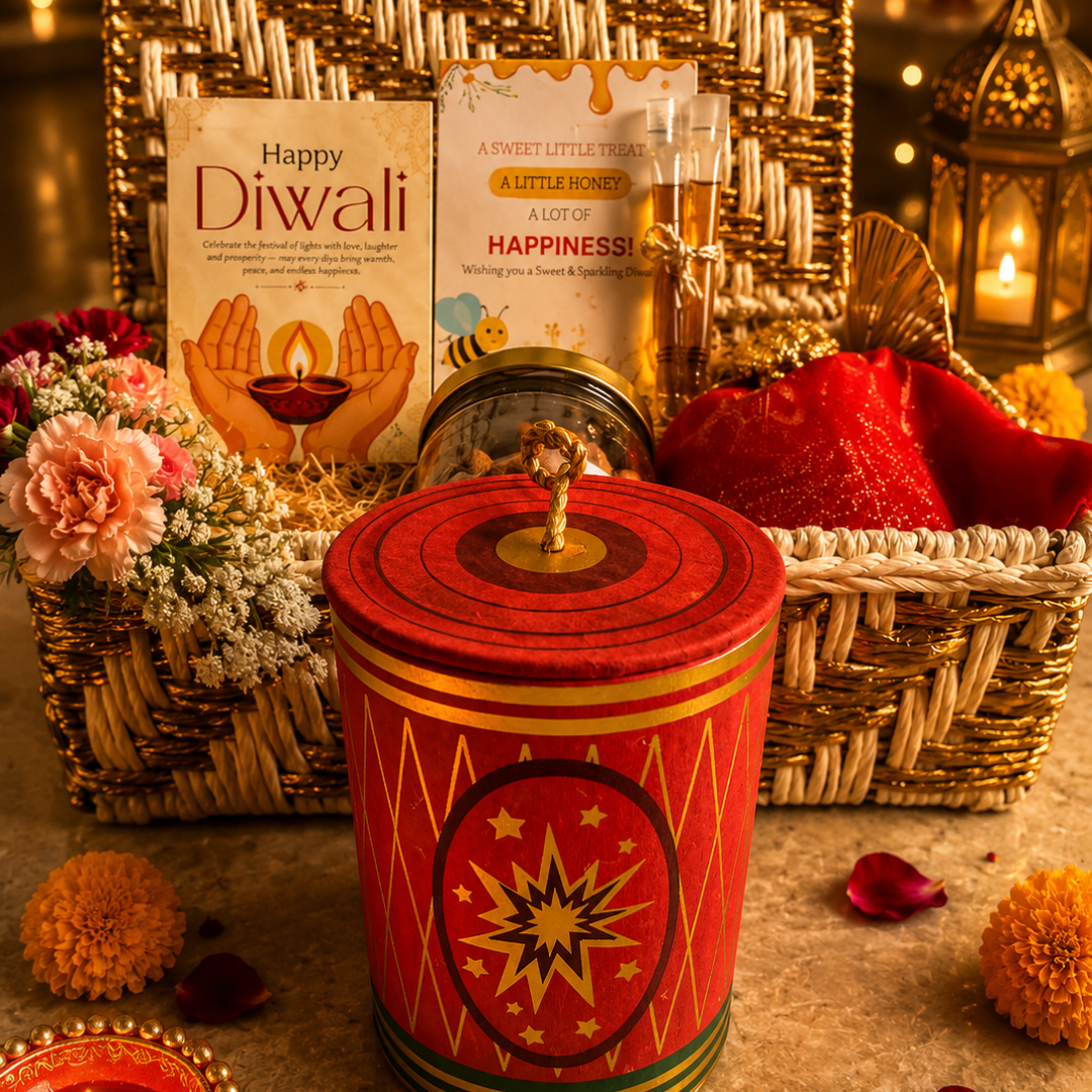 Ruby Glow Golden & White Festive Gift Basket | Diwali Hamper with Dry Fruits & Candle - https://artecasa.in/