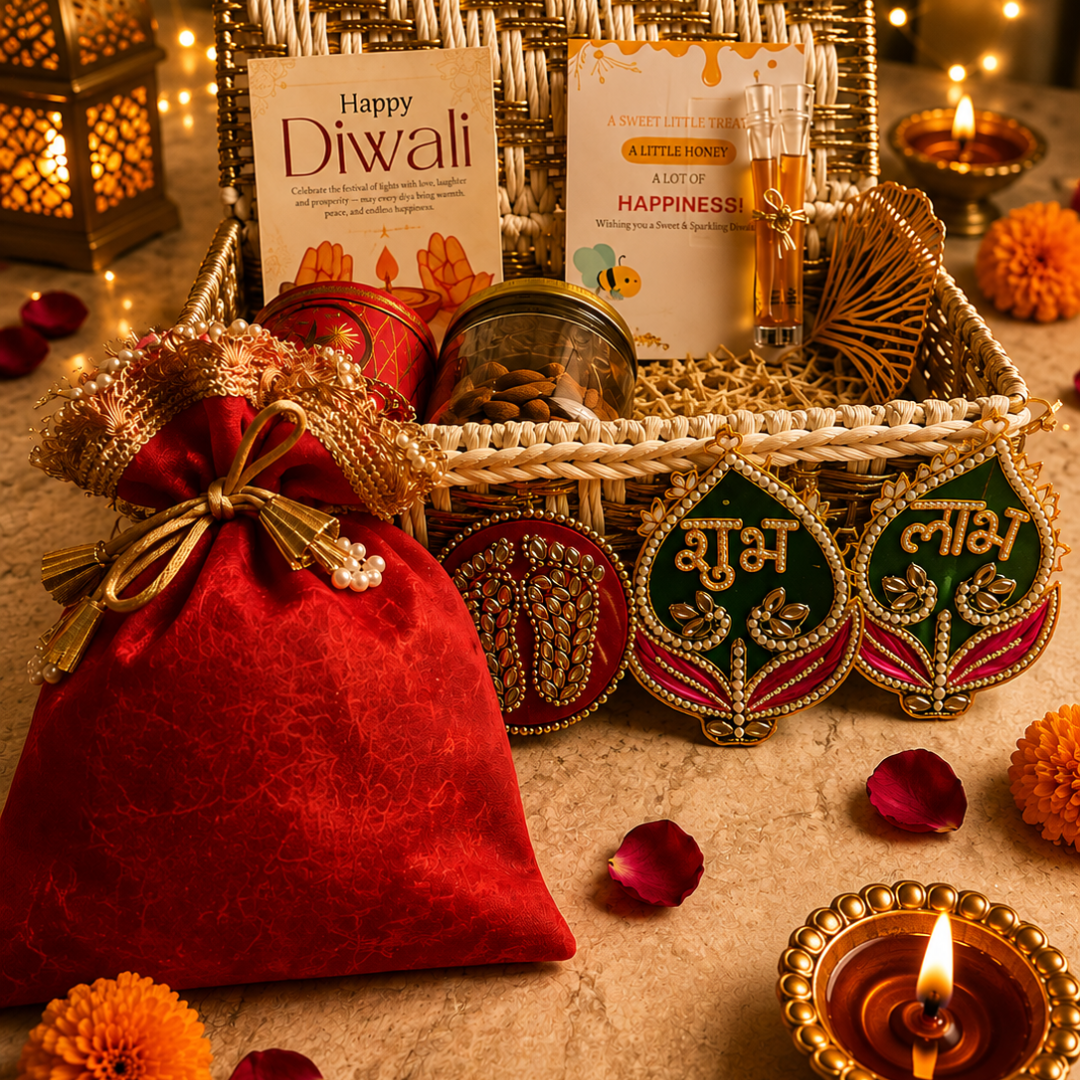 Ruby Glow Golden & White Festive Gift Basket | Diwali Hamper with Dry Fruits & Candle - https://artecasa.in/
