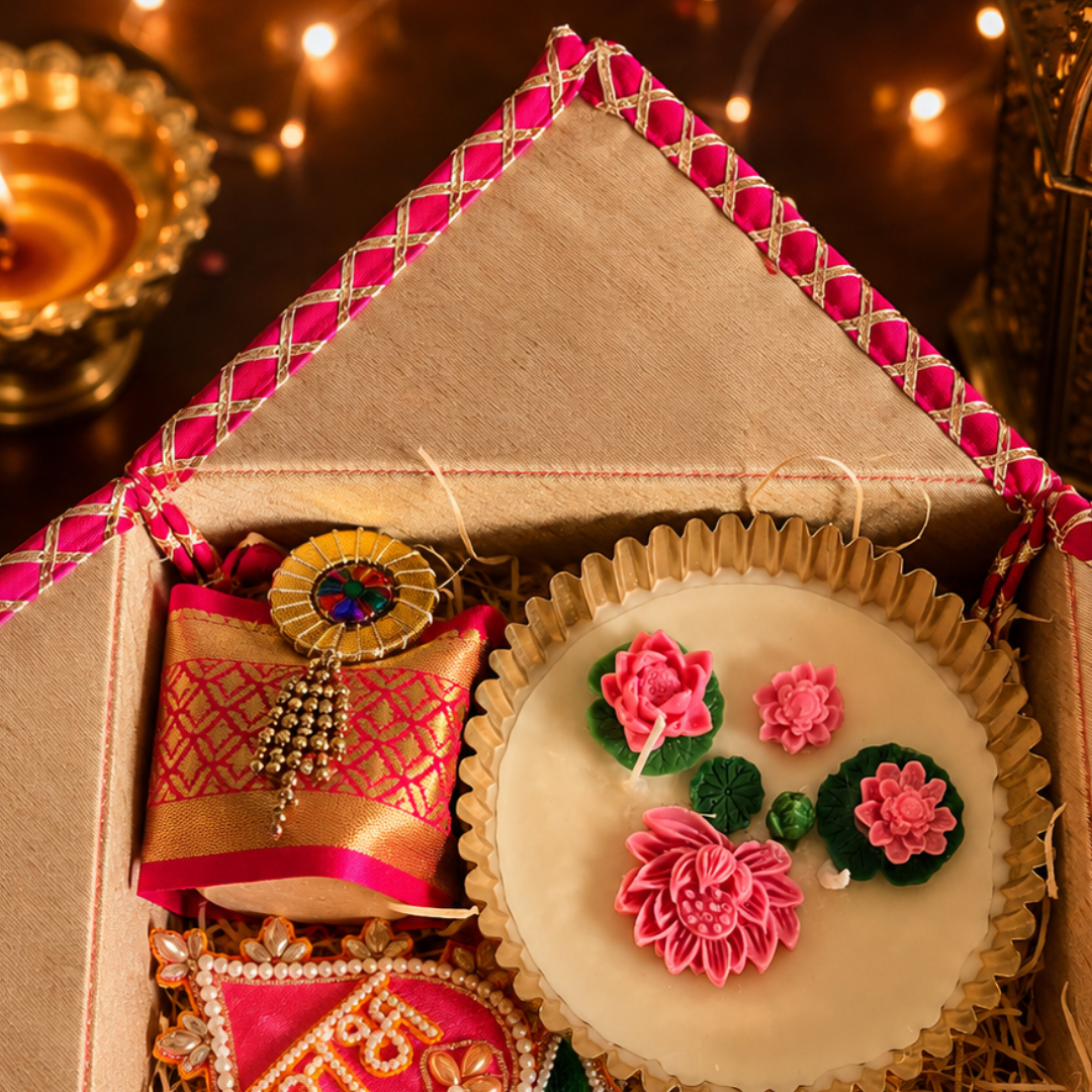 Shubh Labh Pink Celebration Gift Box | Urli Candle, Almonds & Diwali Hamper - https://artecasa.in/