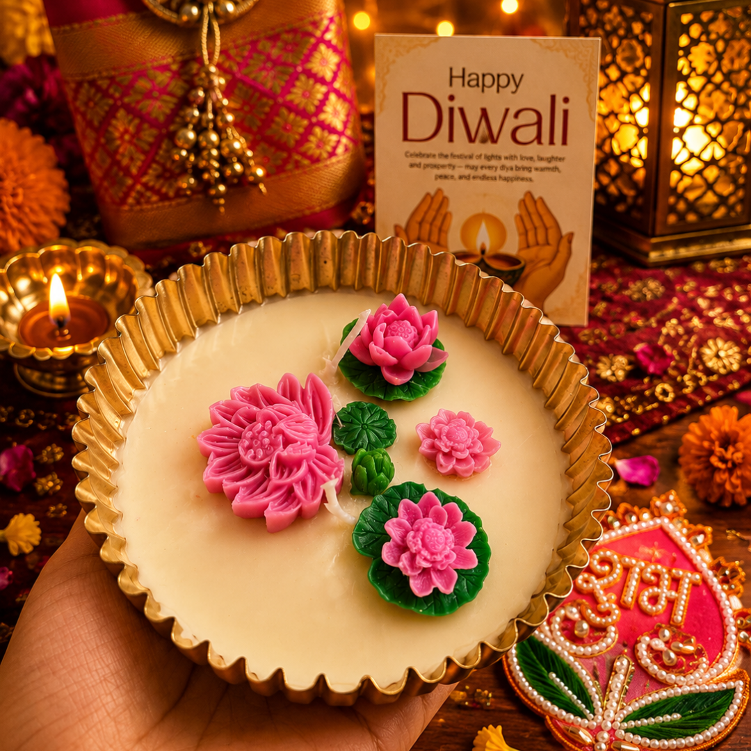 Shubh Labh Pink Celebration Gift Box | Urli Candle, Almonds & Diwali Hamper - https://artecasa.in/
