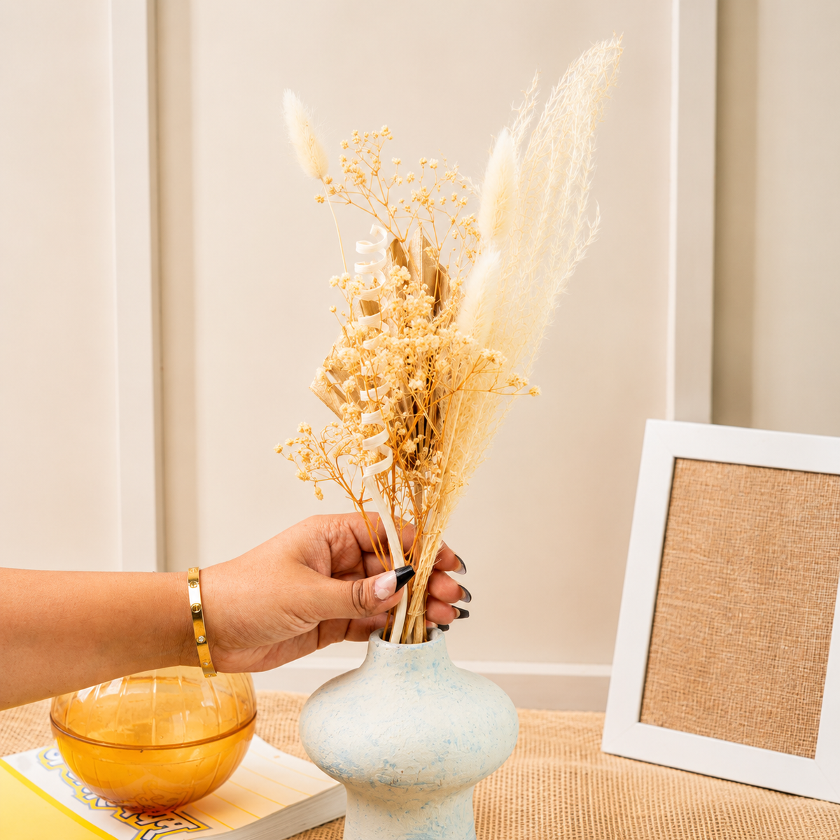 Azure Heritage Rustic Blue Vase with Dried Flowers | Home Décor Vase Set - https://artecasa.in/