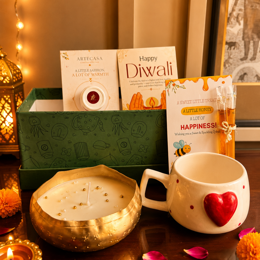 Green Aura Festive Mug Gift Box | Mug & Urli Soy Wax Candle - https://artecasa.in/