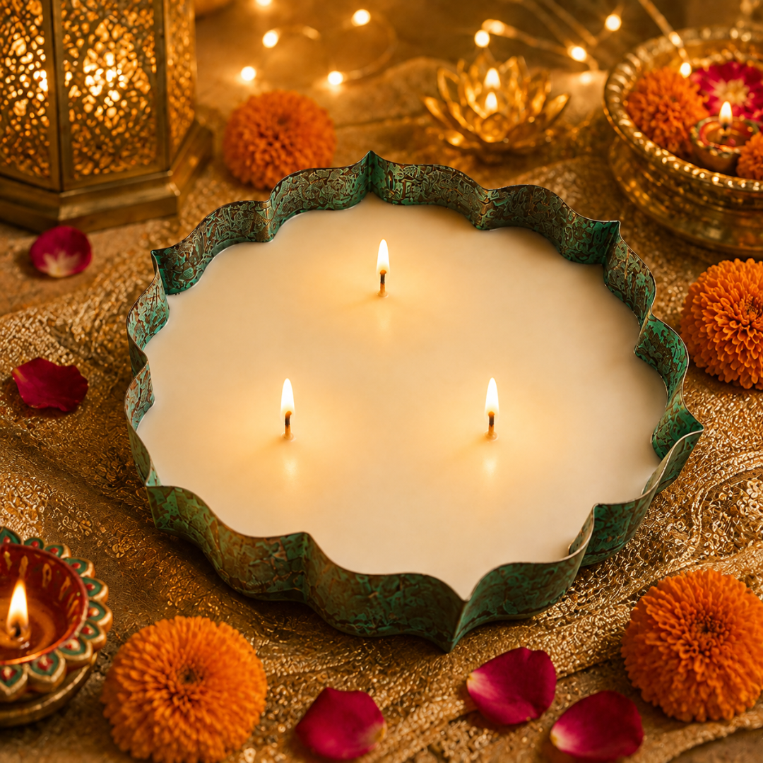 Emerald Heritage Large Metal Urli Candle | Rustic Soy Wax Candle - https://artecasa.in/