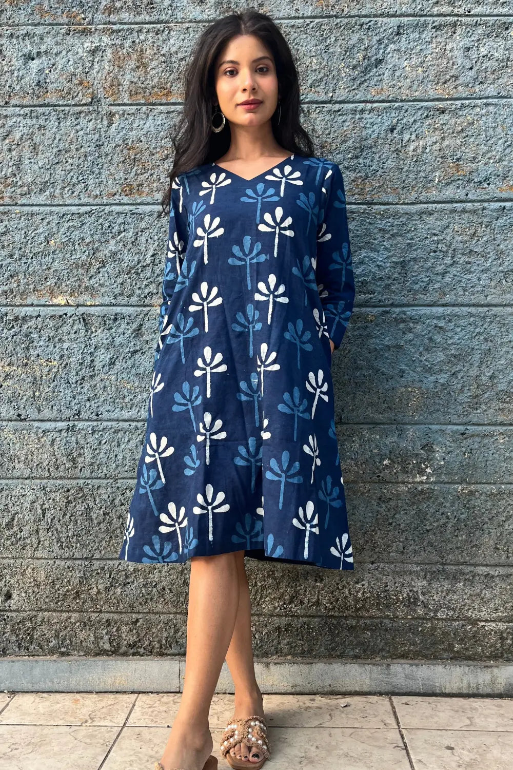 Indigo Block Print Dress-Sutra Art of Clothing