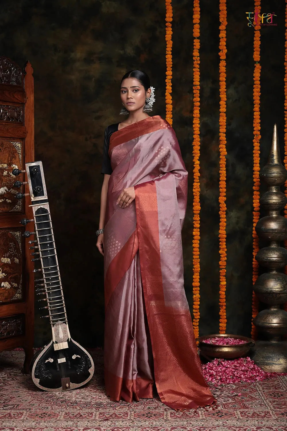 Sienna Brown With Zari Motifs Pure Silk Saree-Sutra Art of Clothing
