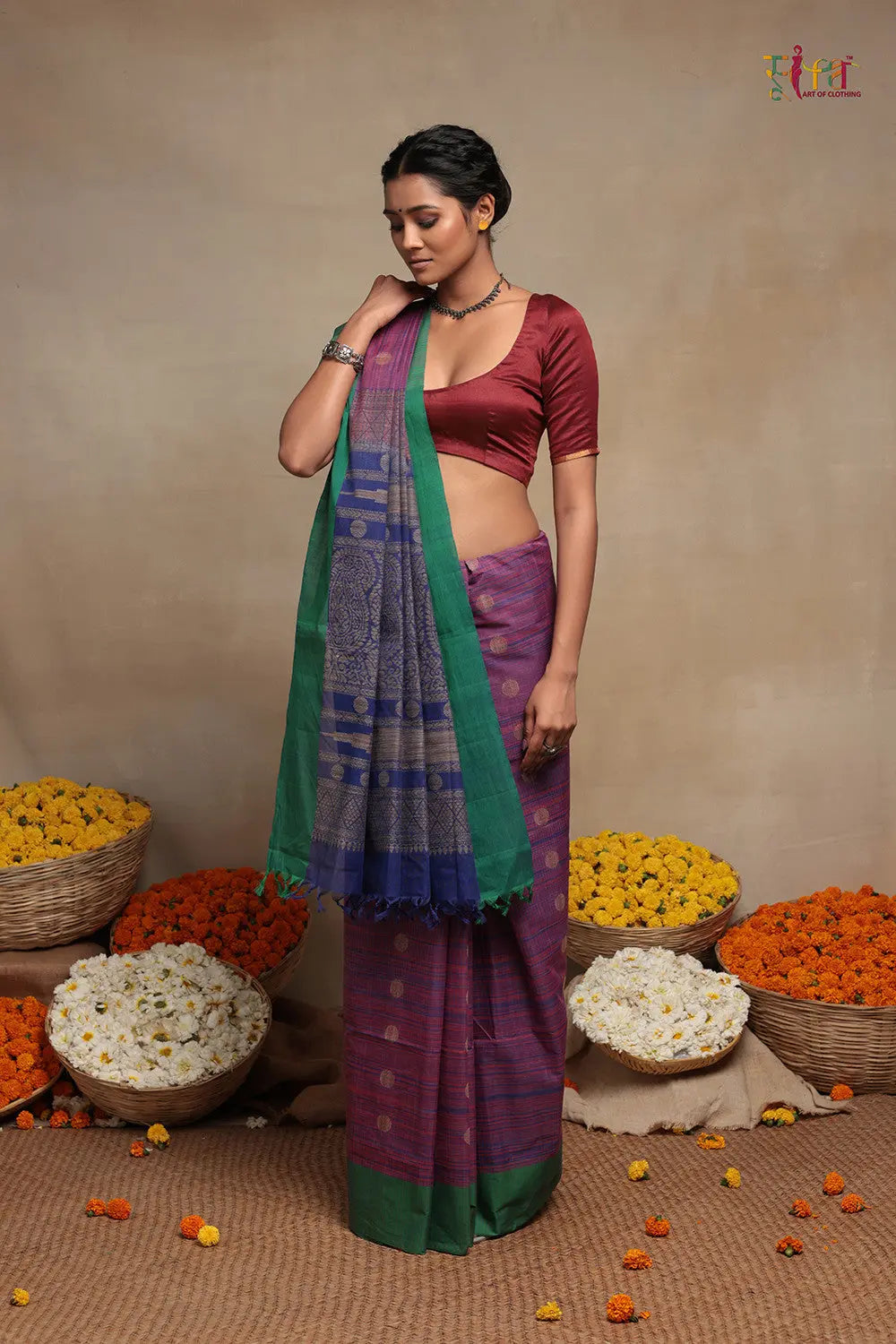 Blue And Pink Pure Cotton Handloom Kanchi Saree-Sutra Art of Clothing