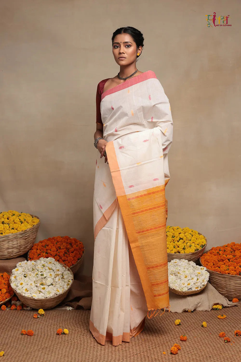 White Handloom Cotton Kanchi Saree-Sutra Art of Clothing