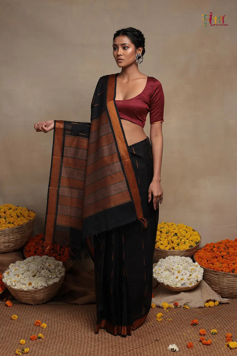 Handloom Black Pure Cotton Kanchi Contemporary Saree-Sutra Art of Clothing