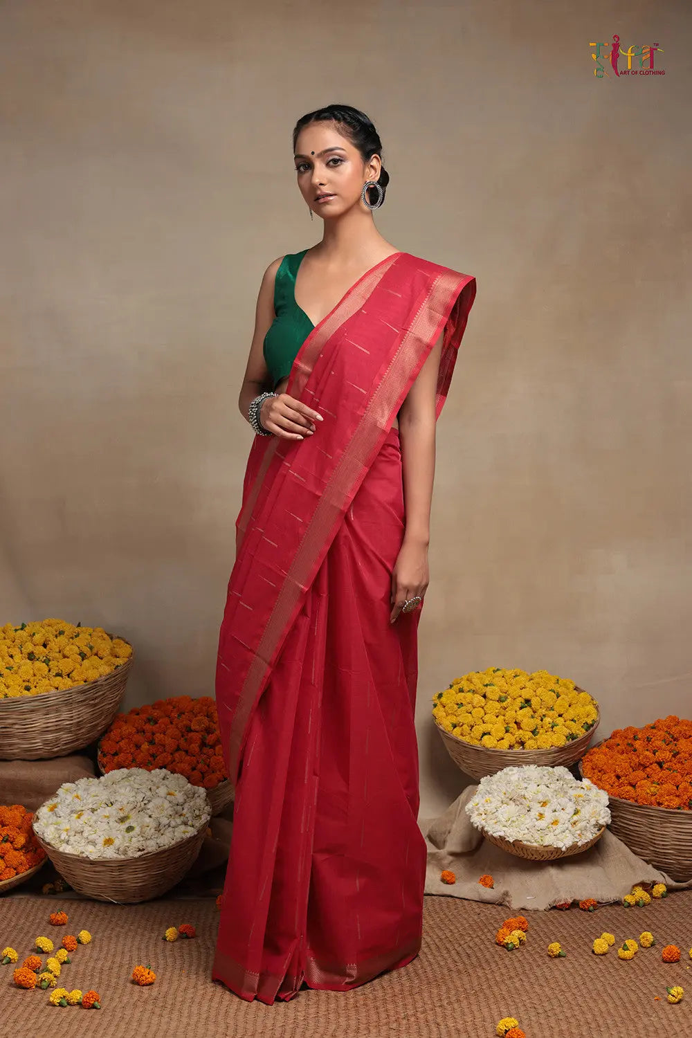 Handloom Raspberry Red Pure Cotton Kanchi Saree-Sutra Art of Clothing