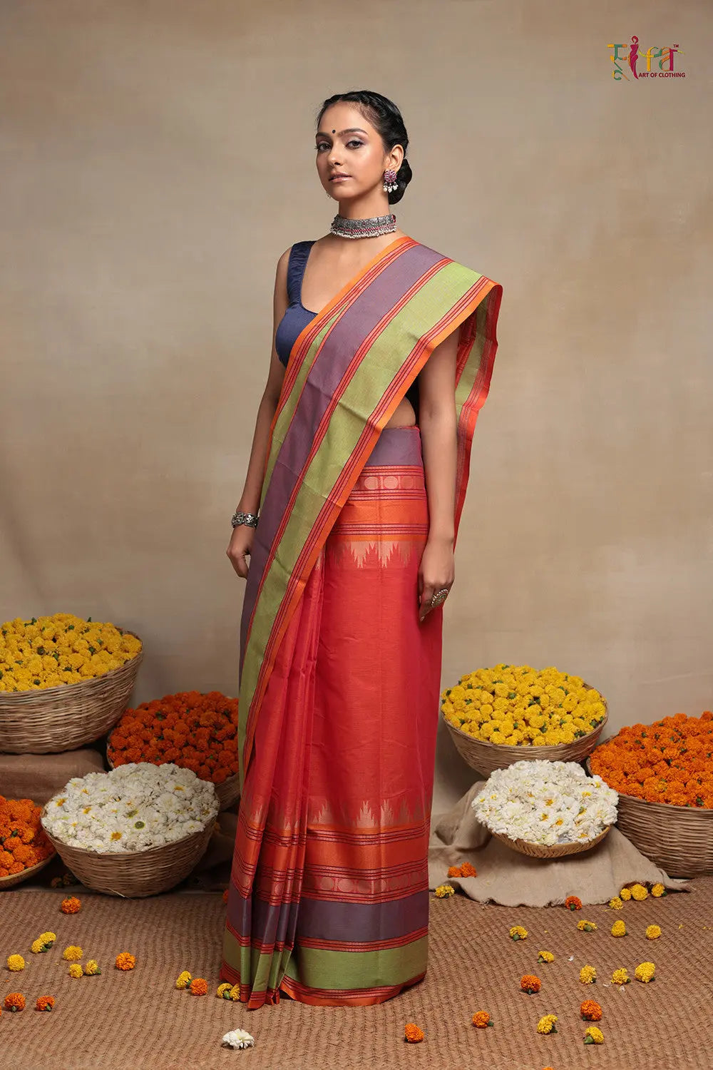 Handloom Royal Orange Pure Cotton Kanchi Saree-Sutra Art of Clothing
