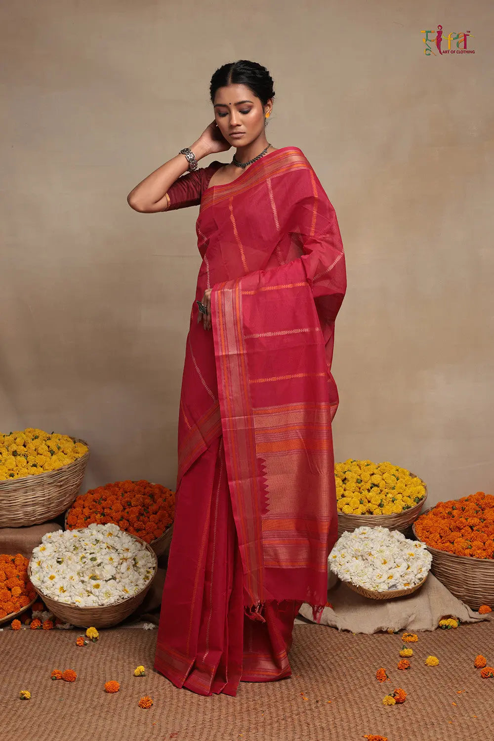 Magenta Handloom Kanchi Saree With Stripes-Sutra Art of Clothing
