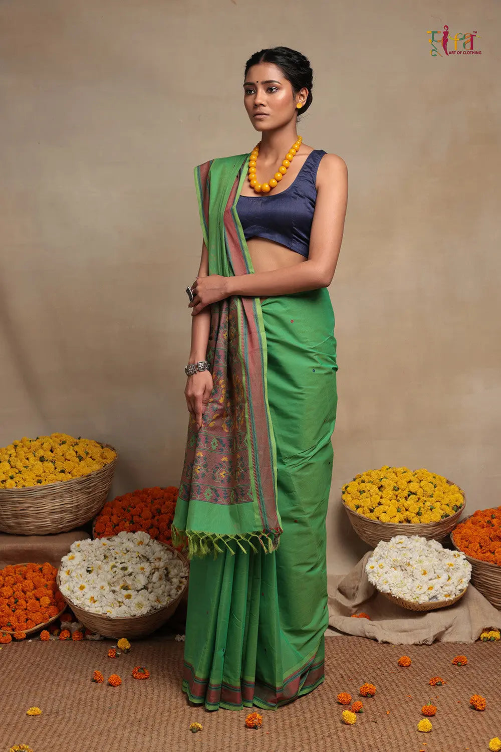 Emerald Green Pure Cotton Kanchi Saree-Sutra Art of Clothing