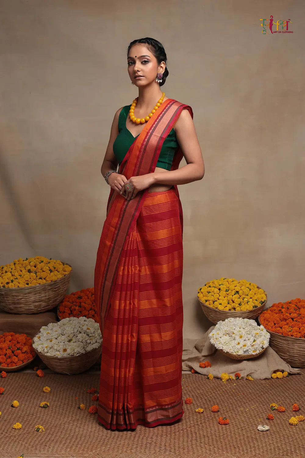 Handloom Orange & Red Pure Cotton Kanchi Saree-Sutra Art of Clothing