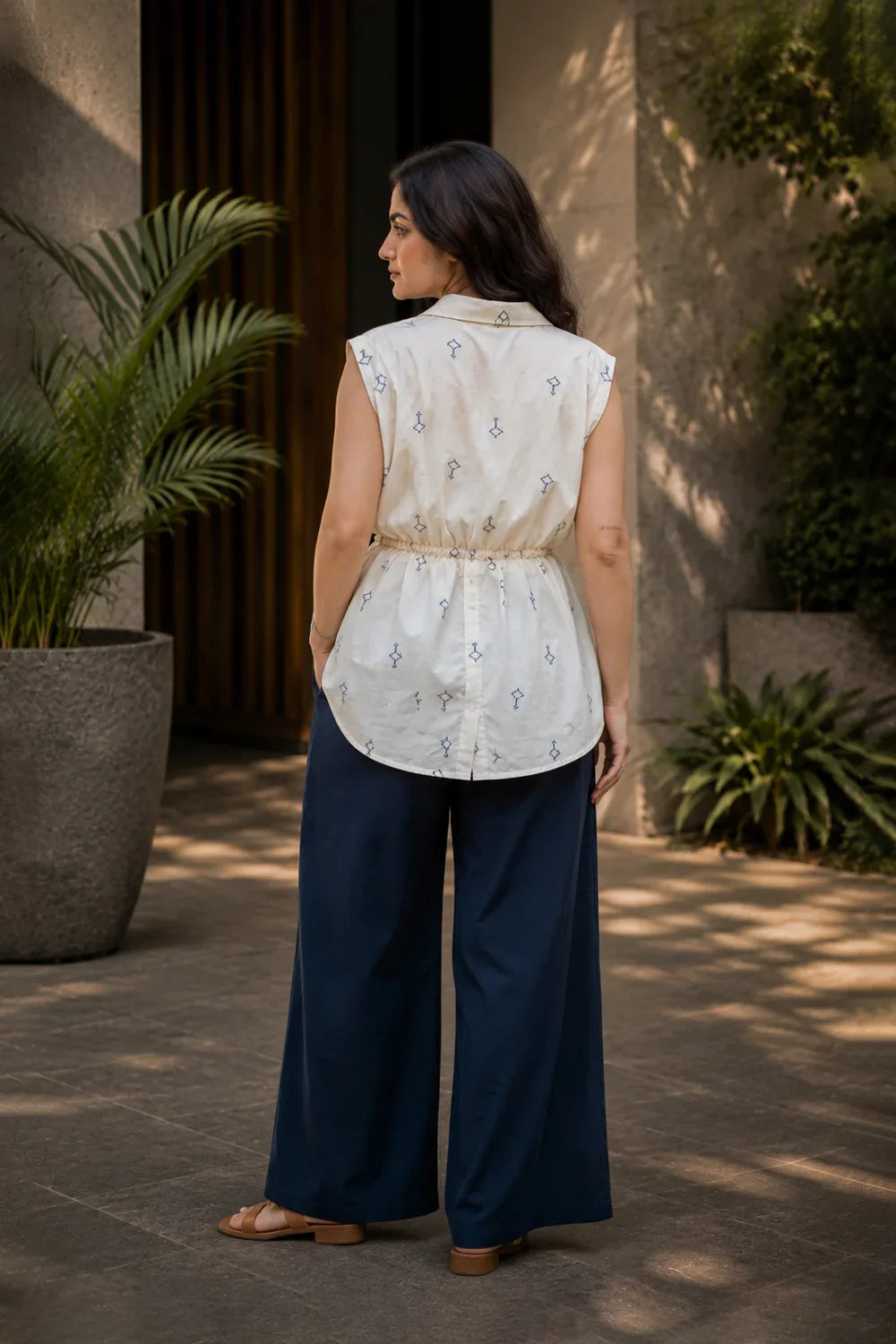 Off White Pure Cotton Gathered Shirt-Sutra Art of Clothing