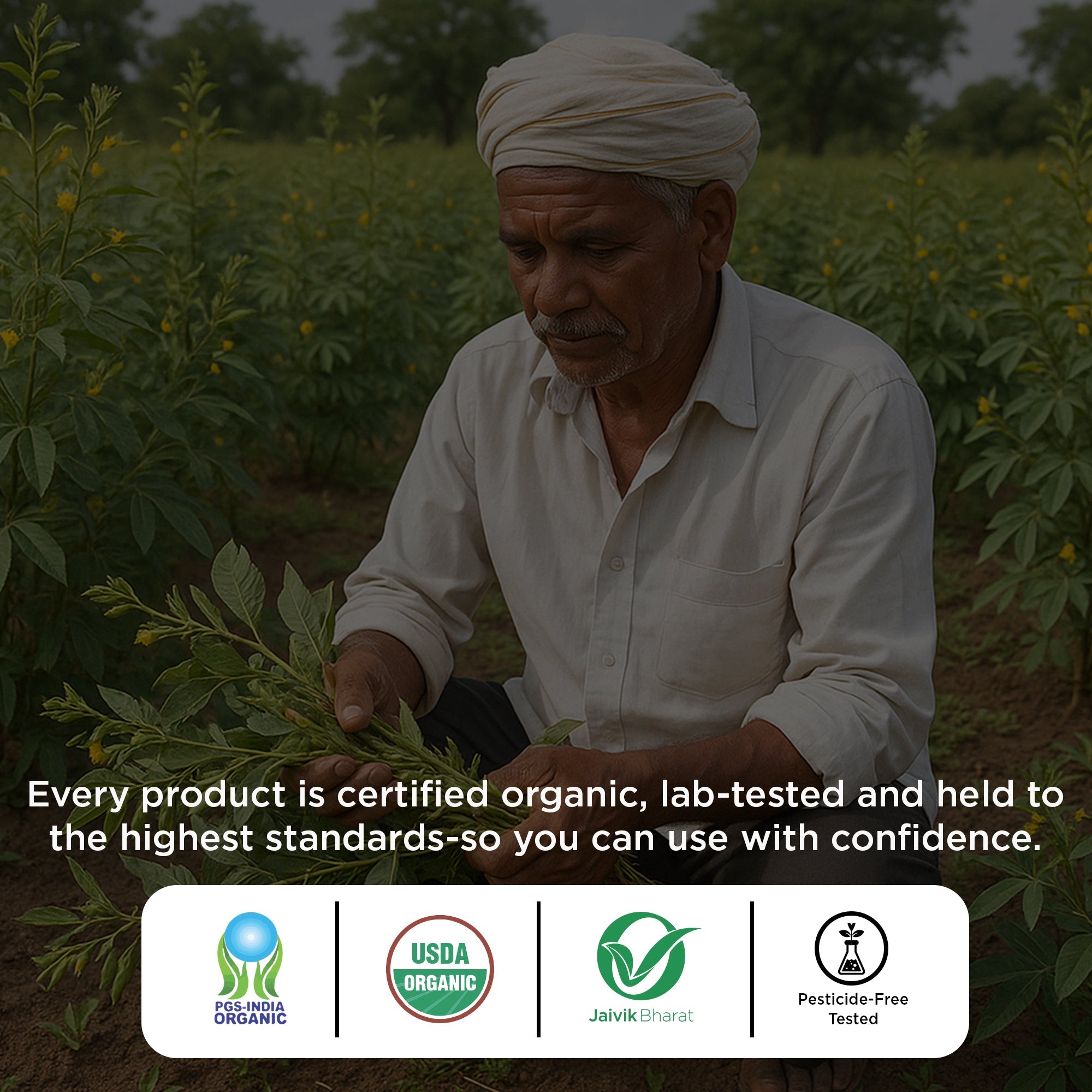 Man in a field with text about product certification and logos at the bottom.