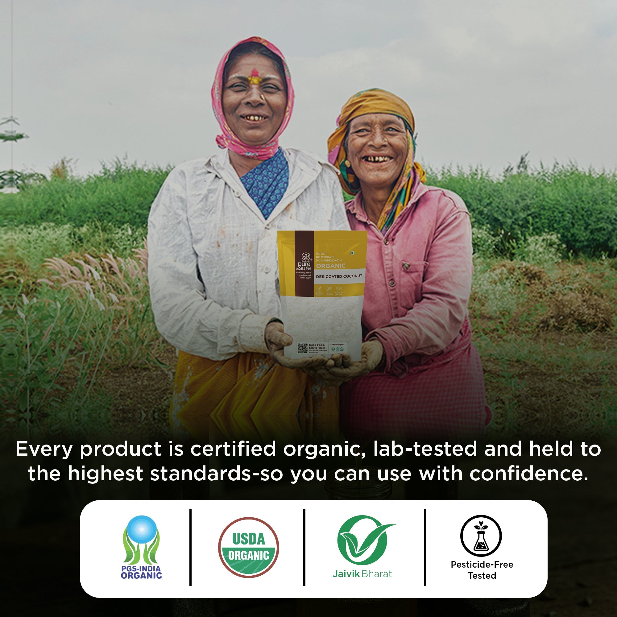 Farmers holding a certified organic product pack in a field.