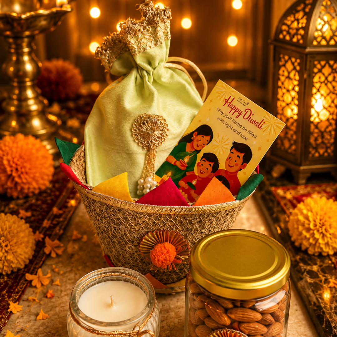 Rangoli Multicolor Jute Gift Basket | Mata Laxmi Charan, Shubh Labh & Candle - https://artecasa.in/
