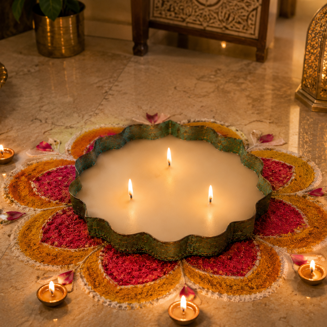 Emerald Heritage Large Metal Urli Candle | Rustic Soy Wax Candle - https://artecasa.in/
