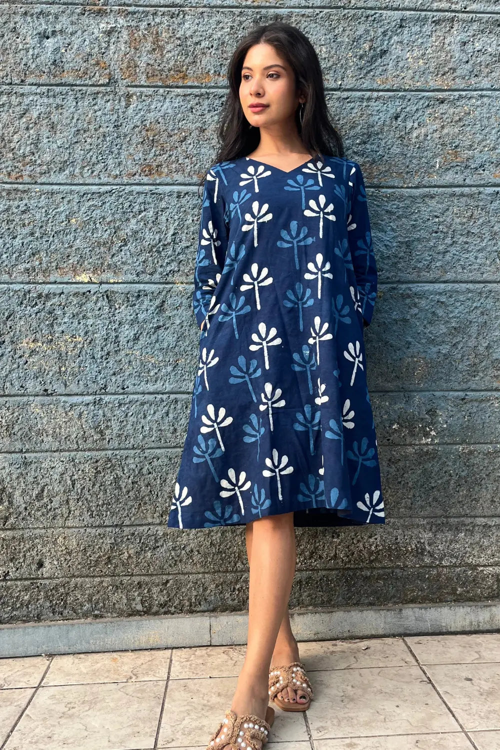 Indigo Block Print Dress-Sutra Art of Clothing