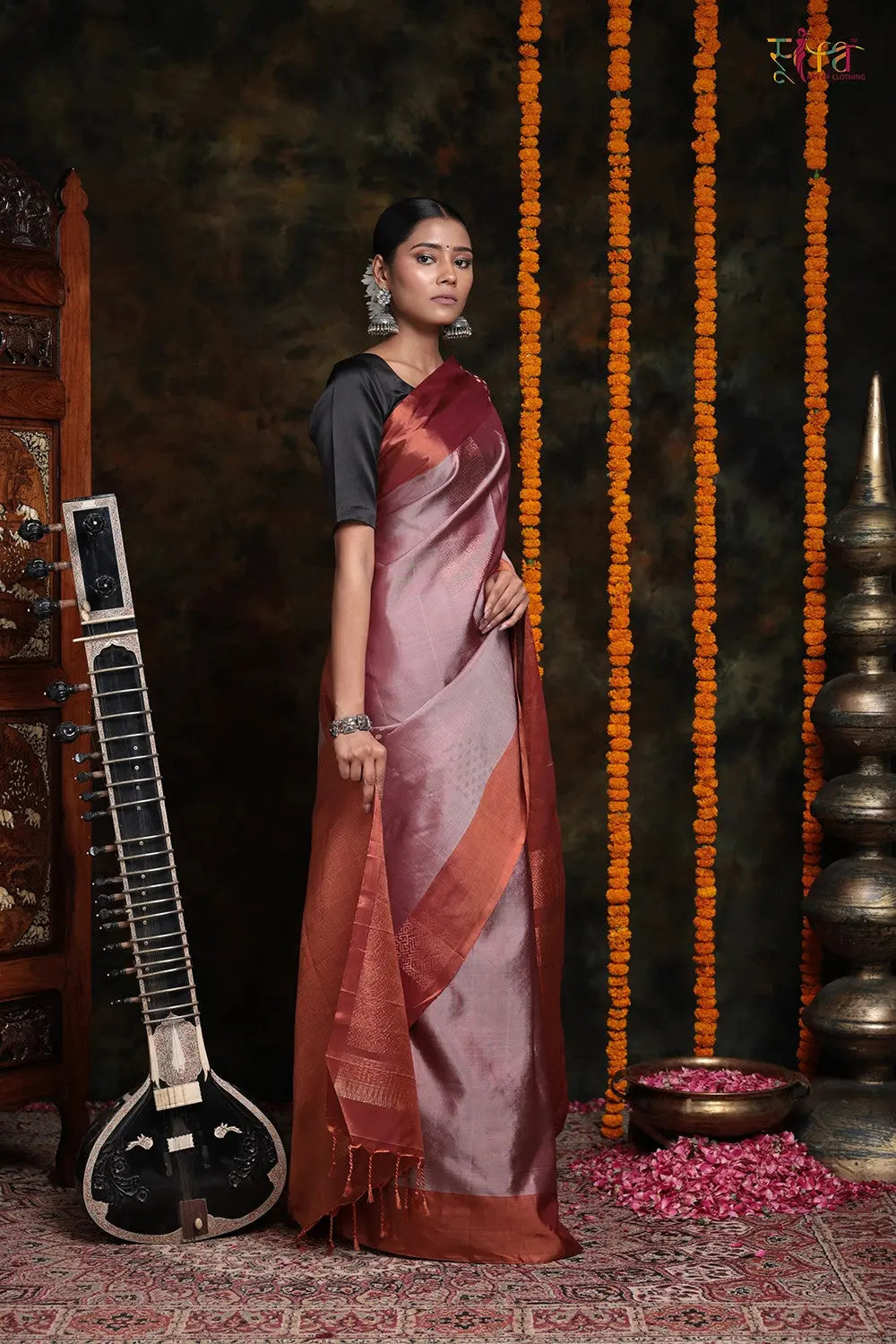 Sienna Brown With Zari Motifs Pure Silk Saree-Sutra Art of Clothing
