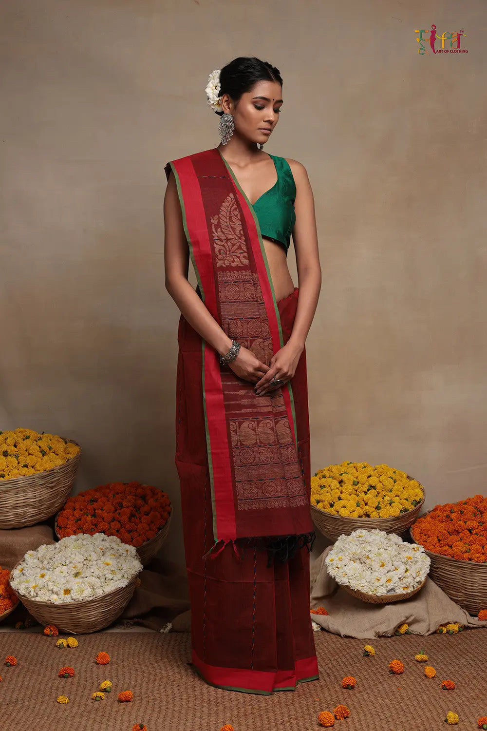 Traditional Maroon Handloom Cotton Kanchi Saree-Sutra Art of Clothing