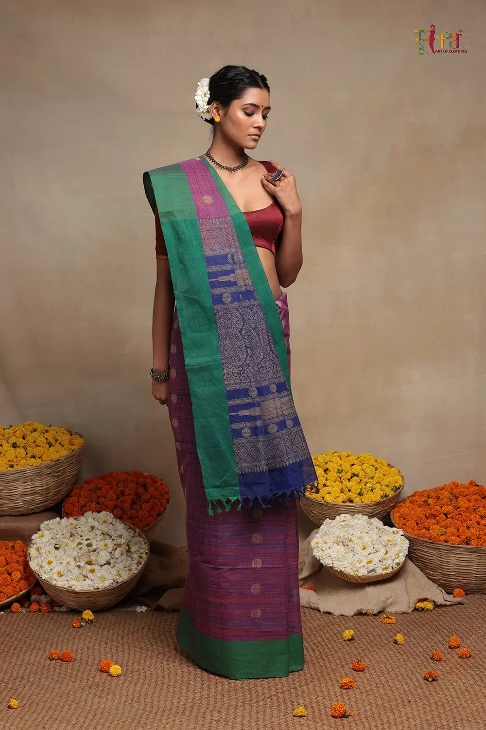 Blue And Pink Pure Cotton Handloom Kanchi Saree-Sutra Art of Clothing